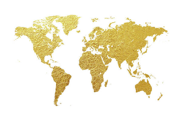 World Map Art Print featuring the digital art World Map Gold Foil #3 by Michael Tompsett