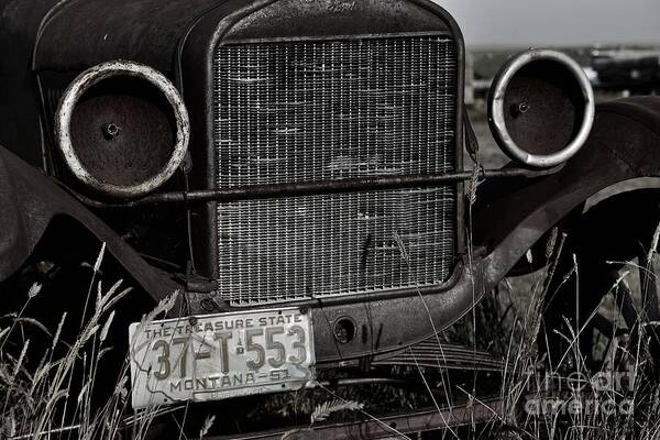 Auto Automobile Car Antique License Plate Montana Abandon Abandoned Black White Monochrome Headlight Grill Frame Bumper Art Print featuring the photograph 37 T 553 No 2 5659 by Ken DePue