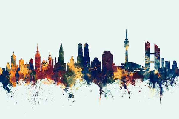 City Skyline Art Print featuring the digital art Munich Germany Skyline #4 by Michael Tompsett