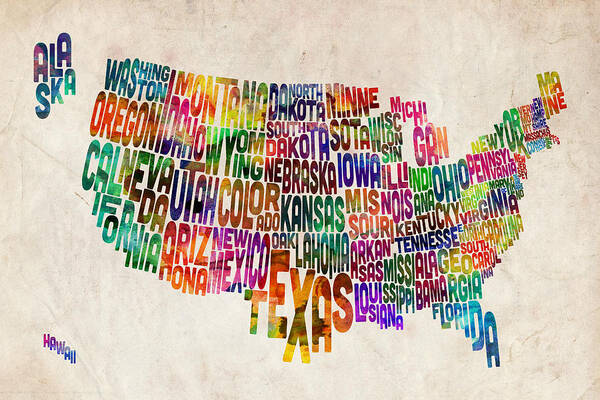 Usa Map Art Print featuring the digital art United States Text Map by Michael Tompsett