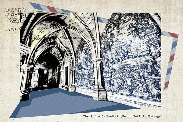 Architecture Art Print featuring the digital art stylish retro postcard of Porto #1 by Ariadna De Raadt