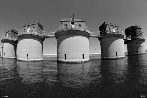 5 Towers At Dreher Shoals Dam On Lake Murray Sc Black And White Art Print featuring the photograph 5 Towers At Dreher Shoals Dam On Lake Murray SC Black And White by Lisa Wooten
