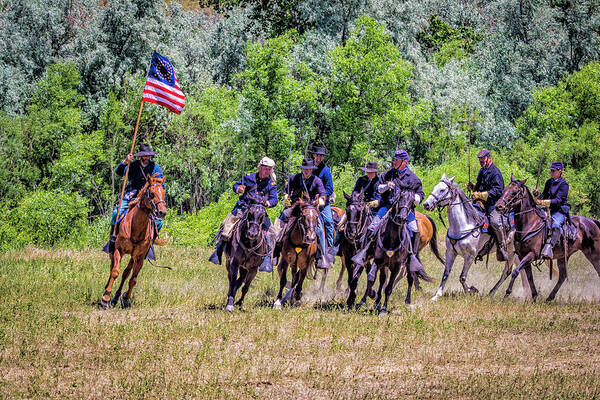 Little Bighorn Re-enactment Art Print featuring the photograph 7th Cavalry In Charge Formation by Donald Pash
