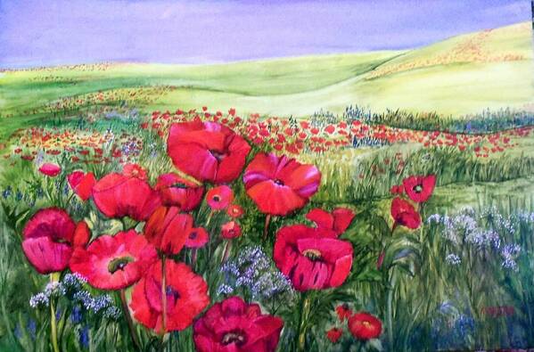 Landscape Art Print featuring the painting A Field of Poppies by Marsha Woods