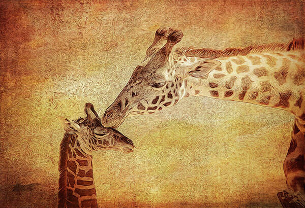 Giraffe Art Print featuring the photograph A Mother's Kiss Painted 2 by Judy Vincent