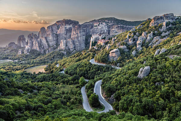 Adventure Art Print featuring the photograph A view of the Meteora Valley in Greece by Andres Leon