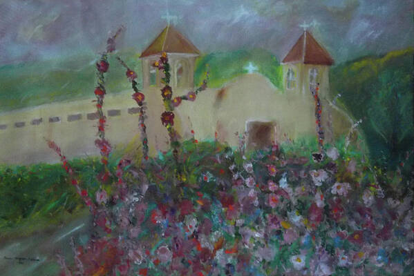 Spanish Mission Art Print featuring the painting Adobe Spring Mission by Susan Esbensen