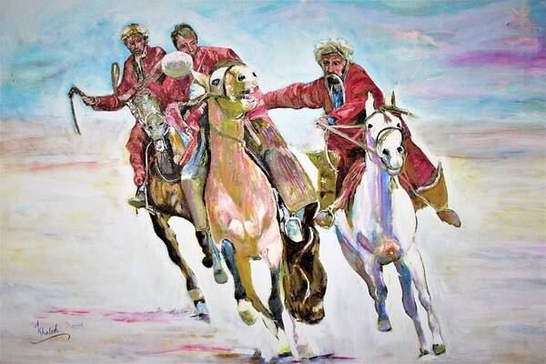 Afghanistan Art Print featuring the painting Afghan sport. by Khalid Saeed