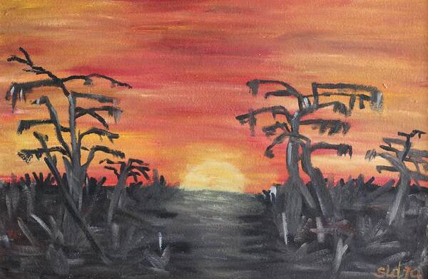 African Sunset Art Print featuring the painting African sunset by Sladjana Lazarevic