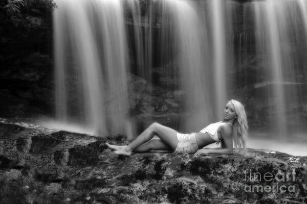 Waterfall Art Print featuring the photograph Ally laying down in front of waterfall by Dan Friend