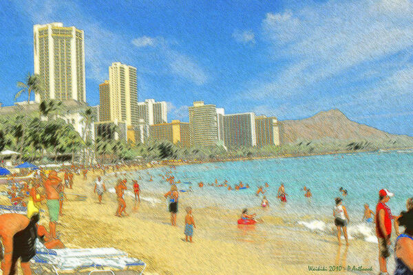 Honolulu Art Print featuring the drawing Aloha From Hawaii - Waikiki Beach Honolulu by Peter Potter