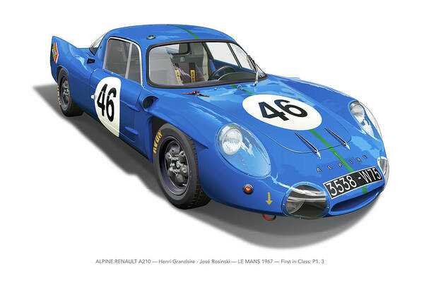 1967 Alpine Renault A210 Illustration; 1967 Alpine Renault A210 Image Art Print featuring the drawing Alpine Renault A210 by Alain Jamar