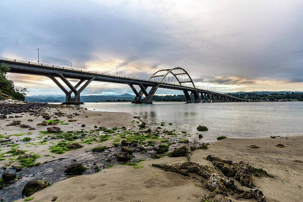 Waldport Oregon Art Print featuring the photograph Alsea Bay Bridge At Sunrise by Donald Pash