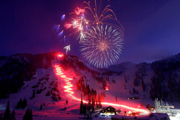Alta Ski Utah Torchlight Fireworks Celebration Birthday Art Print featuring the photograph Alta Ski Area 75th Birthday Celebration by Brett Pelletier