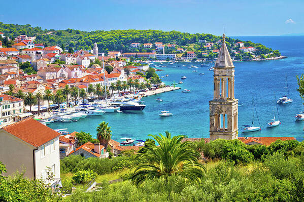 Panorama Art Print featuring the photograph Amazing town of Hvar harbor aerial view by Brch Photography