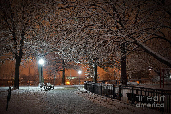 Riverside Park Art Print featuring the photograph Amber Skies on a Snowy Winter Night by SCB Captures