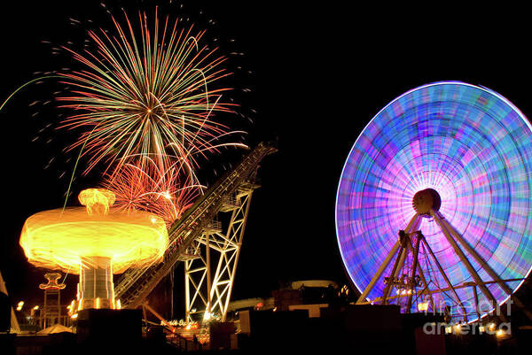 Collage Art Print featuring the photograph Amusemant Pier in Wildwood New Jersey with Colorful Firework Explosions by Anthony Totah