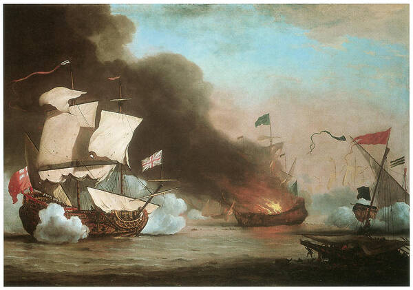 Willem Van De Velde The Younger Art Print featuring the painting An English Ship in action with Barbary Pirates by Willem van de Velde the Younger