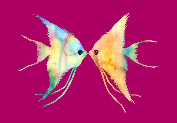 Fish Art Print featuring the painting Angelfish Kissing by Hailey E Herrera