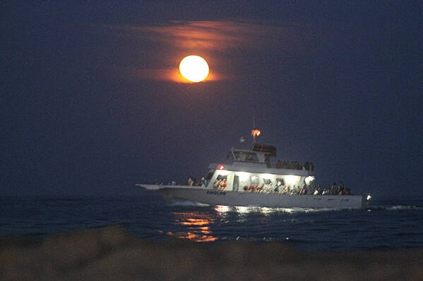 Boat Art Print featuring the photograph Angler Cruises Under Full Moon by Robert Banach