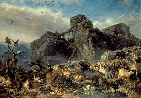 The Ark Art Print featuring the painting Animals Leaving the Ark, Mount Ararat by Filippo Palizzi
