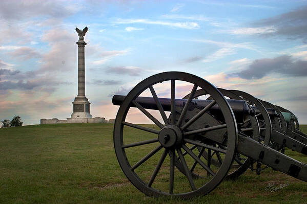 Cannon Art Print featuring the photograph Antietam Cannon and Monument at Sunset by Judi Quelland