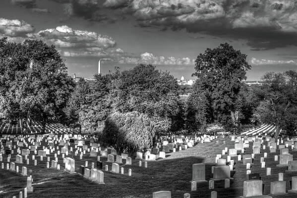 Arlington Cemetery Memorial Black White Washington Dc Virginia Evening Clouds Somber Trees Monument Capitol Art Print featuring the photograph Arlington Cemetery by Ross Henton
