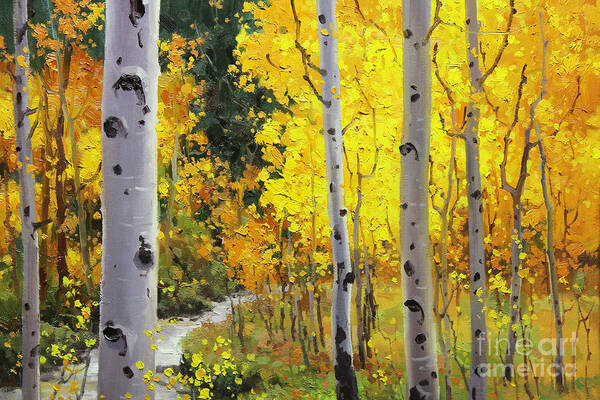 Aspen Stream Over Aspen Mountains Landscape Scenic Nature Fall Sky Aspen Trees Fall Foliage Art Print featuring the painting Aspen Stream by Gary Kim