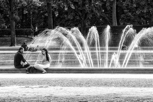B&w Art Print featuring the photograph At the Fountain by Ingrid Dendievel