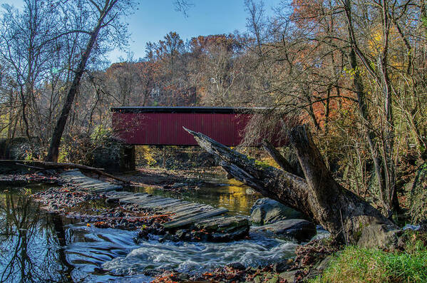 Autumn Art Print featuring the photograph Autumn Along the Wissaickon Creek at Thomas Covered Bridge by Bill Cannon