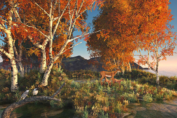Fawns Art Print featuring the digital art Autumn Fawns by Mary Almond