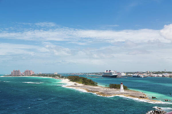 Architecture Art Print featuring the photograph Bahamas Lighthouse with Nassau and Resort in Background by Darryl Brooks