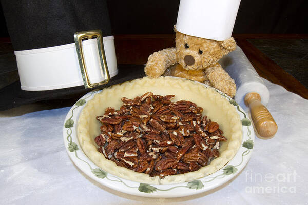 Bake Art Print featuring the photograph Baking Bear making Thanksgiving Pumpkin Pie by Karen Foley