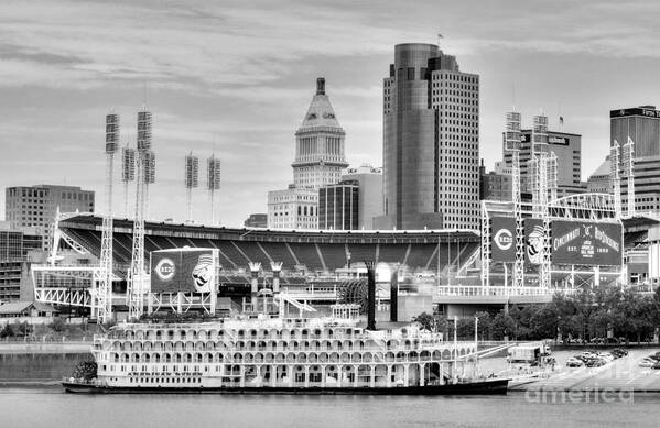 Baseball And Boats In Cincinnati Art Print featuring the photograph Baseball and Boats In Cincinnati Black and White by Mel Steinhauer