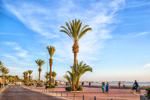 Africa Art Print featuring the photograph Beach promenade of the african harbor city Agadir in Morocco by Gina Koch