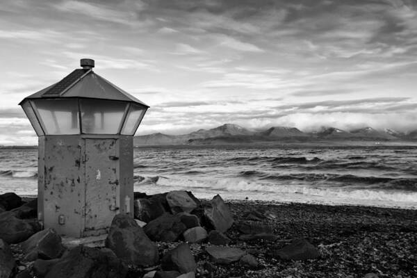Iceland Art Print featuring the photograph Beacon at Hvaleyrarviti in Iceland BW by Andres Leon