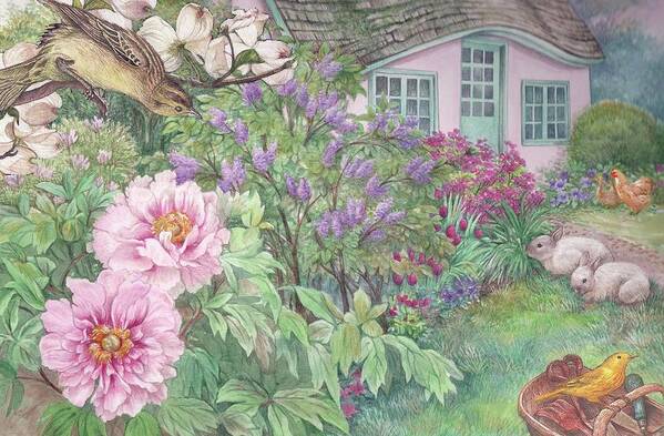 Pink Cottage Art Print featuring the painting Birds and bunnies in cottage garden by Judith Cheng