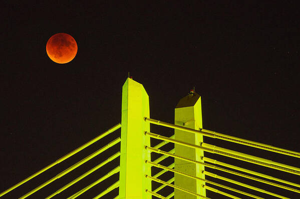 Full Super Moon Lunar Eclipse Tillikum Crossing September 27 2015 Portland Oregon Downtown Waterfront Pacific Northwest Night Telephoto Art Print featuring the photograph Blood Moon Over the Tillikum Crossing by Patrick Campbell