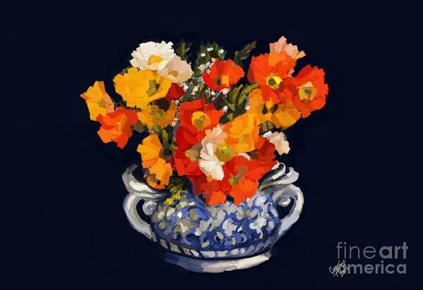 Flowers Art Print featuring the painting Blue Ceramic Vase by Carrie Joy Byrnes
