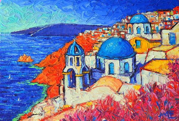 Santorini Art Print featuring the painting BLUE DOMES IN OIA SANTORINI GREECE original impasto palette knife oil painting by Ana Maria Edulescu by Ana Maria Edulescu
