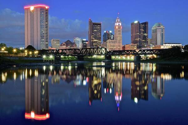 Columbus Art Print featuring the photograph Blue Hour on the Scioto by Frozen in Time Fine Art Photography