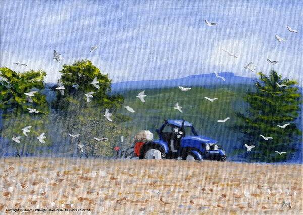 Blue Tractor Art Print featuring the painting Painting Blue Tractor Ploughing Field Lampeter Ceredigion Wales by Edward McNaught-Davis