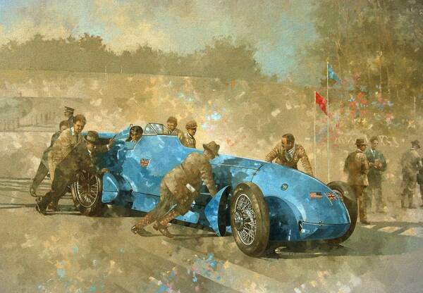 Car; Race Car; Vehicle; Racing; Track; Racetrack; Race Track; Vintage; Racer; Blue; Team; Pushing; Sportscar; Land Speed Test Art Print featuring the painting Bluebird by Peter Miller 