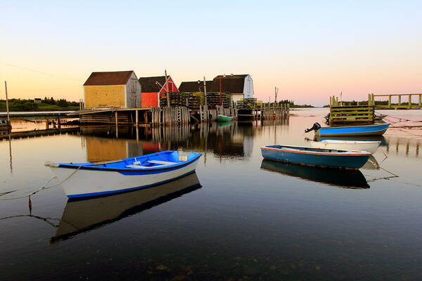 Boats Art Print featuring the photograph Boats and fish shacks at Blue Rocks, Nova Scotia by Gary Corbett