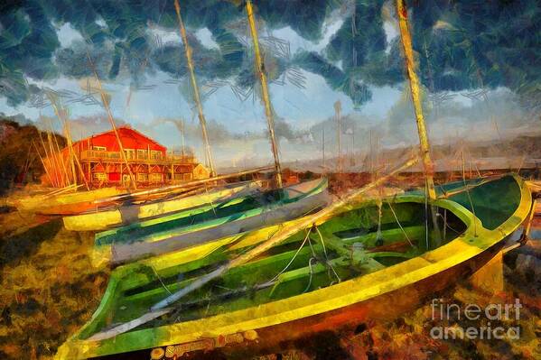 Boats Art Print featuring the digital art Boats at Sunset by Eva Lechner