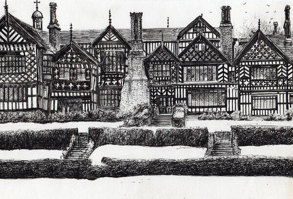 Bramall Hall Art Print featuring the drawing Bramall Hall by Vincent Alexander Booth