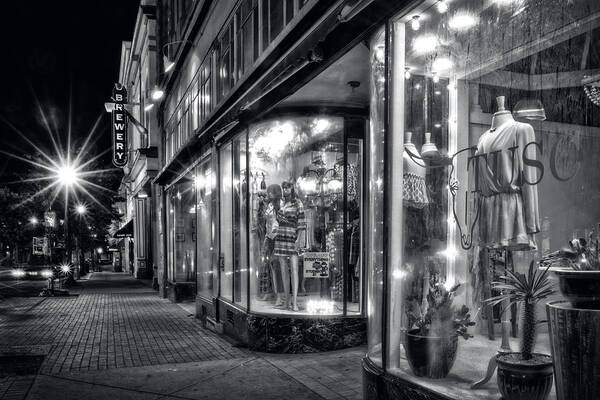 Front Street Art Print featuring the photograph Brewery And Boutique in Black and White by Greg and Chrystal Mimbs