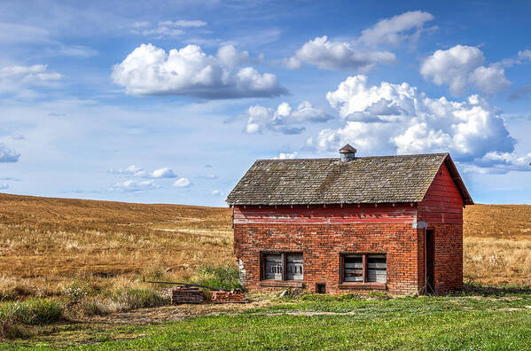 Brick House Out Building Pump Summer Day Field Clouds Blue Sky Green Grass Red Art Print featuring the photograph Brick Out Building on the Palouse by Brad Stinson