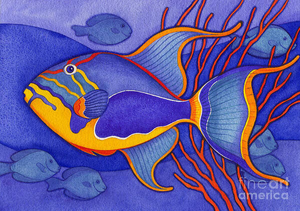 Sea Art Print featuring the painting Bright Blue Triggerfish by Laura Nikiel
