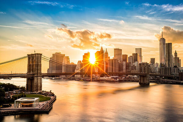 America Art Print featuring the photograph Brooklyn Bridge and the Lower Manhattan skyline at sunset by Mihai Andritoiu